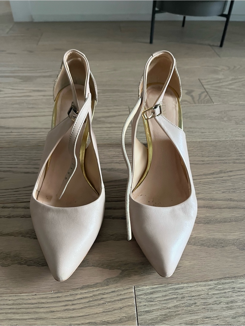 Italian Genuine Leather Pointed Toe Ankle Strap Pumps in Light Beige